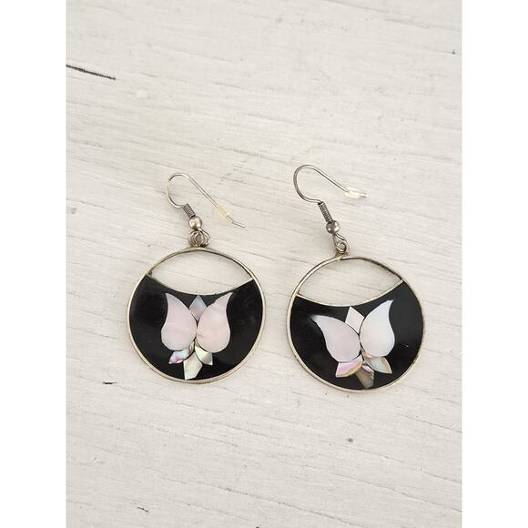 Vintage Alpaca Silver Mother of Pearl Black Enamel Dangle Earrings - Picture 1 of 6